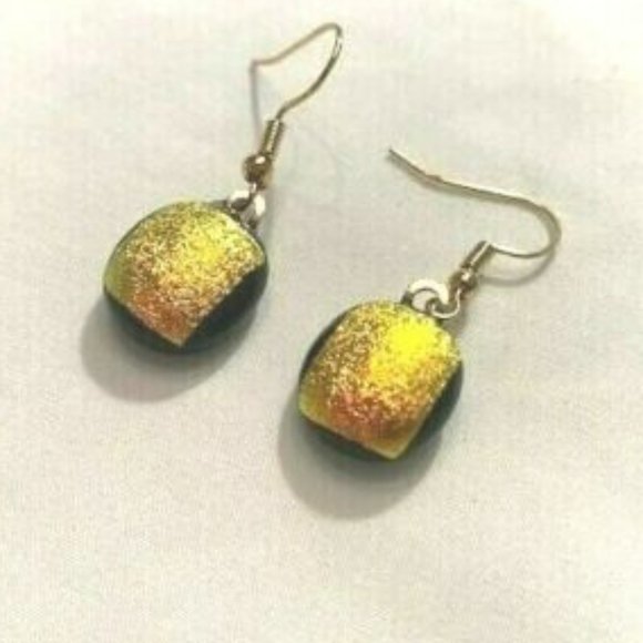 "Handmade" Inca Gold Design "Dichoric" Curve Square Glass Earrings (JM003) - Picture 3 of 5